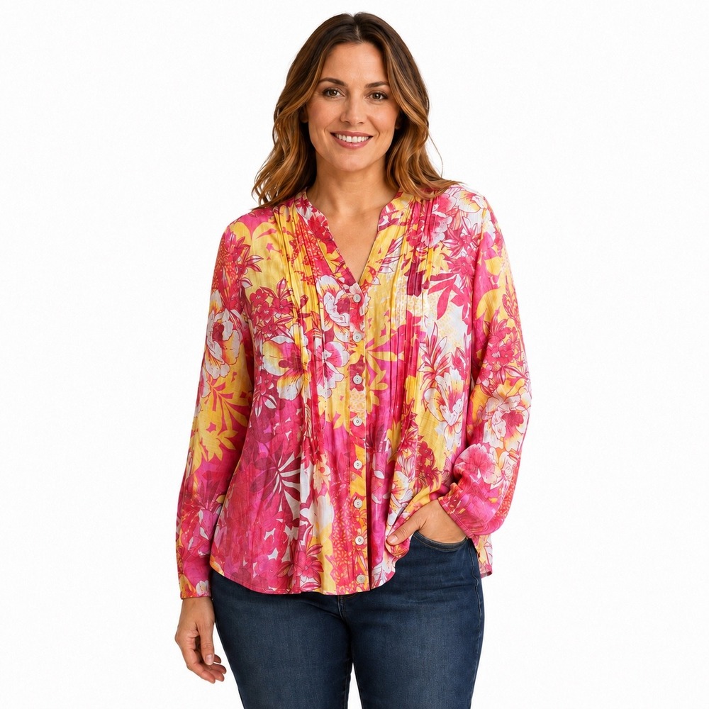 Ruby Rd Petite PXL Floral Boho Button Down Roll Tab Sleeve Blouse Pink Yellow